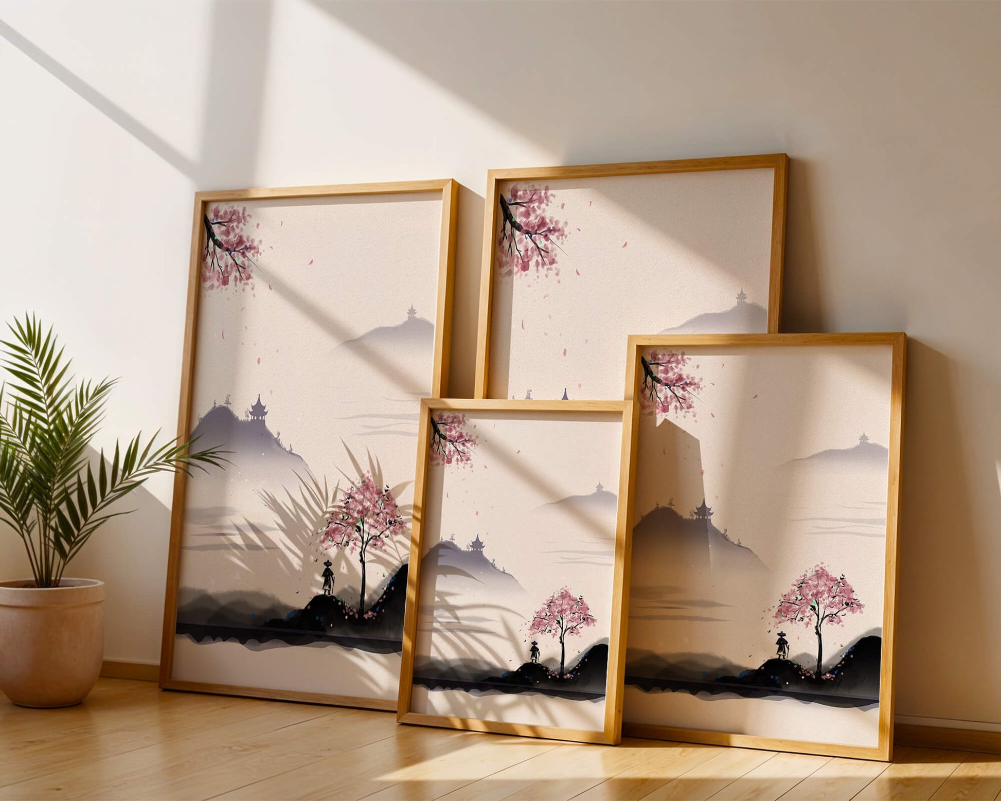 Paisaje sereno con árbol de cerezo y pagodas distantes