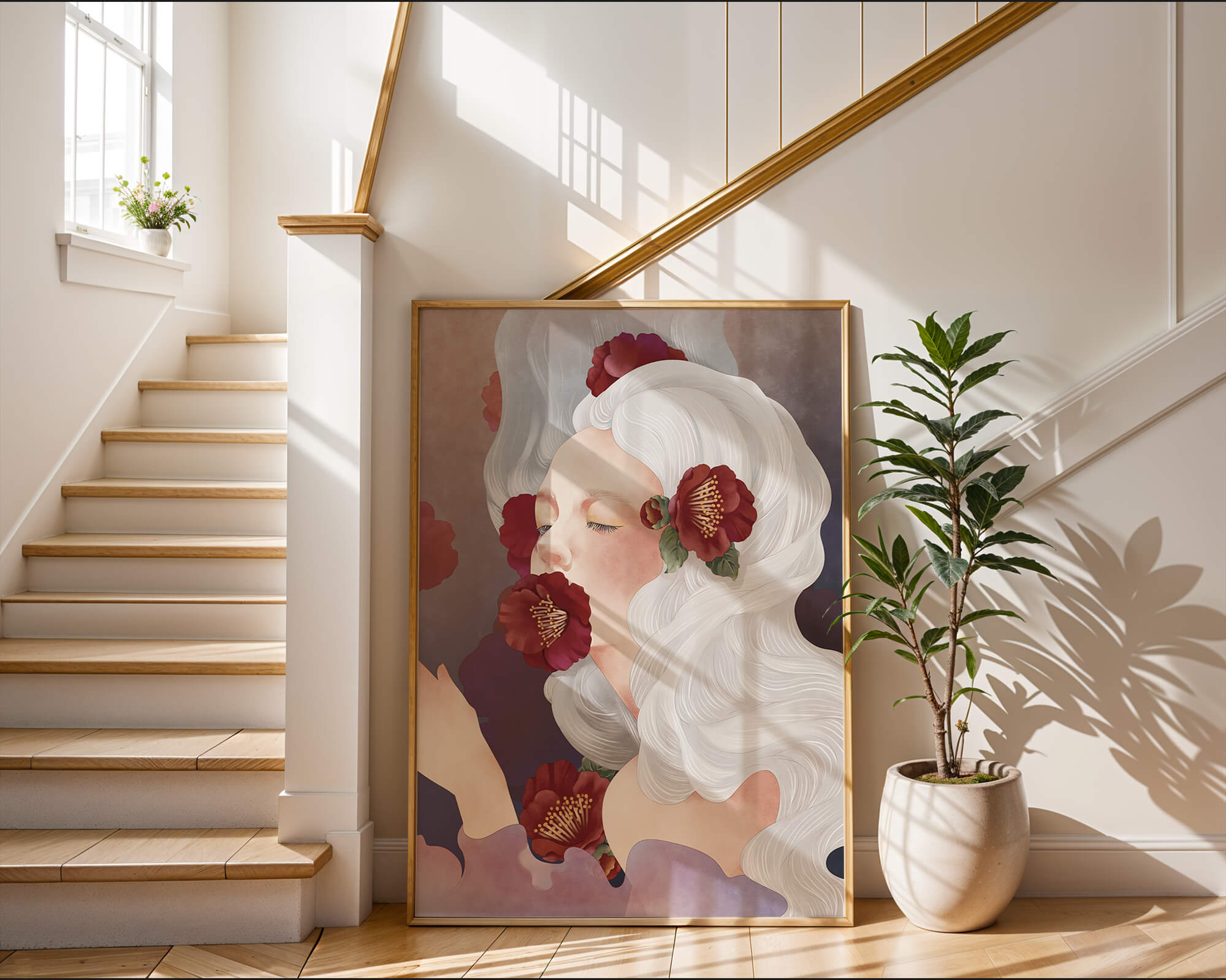 Dreamy Portrait of a Woman with White Hair and Red Flowers