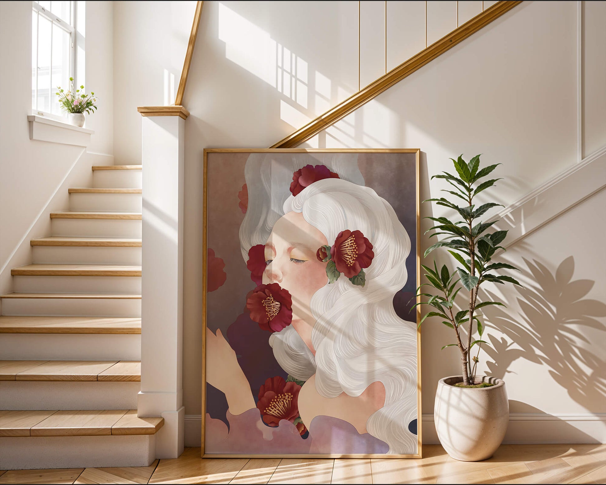 Dreamy Portrait of a Woman with White Hair and Red Flowers