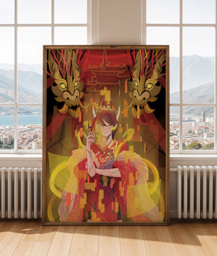Personaje con atuendo tradicional, dragones y elementos digitales