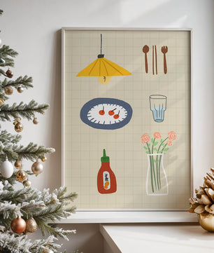 Artículos de cocina ilustrados que incluyen lámpara, utensilios y flores