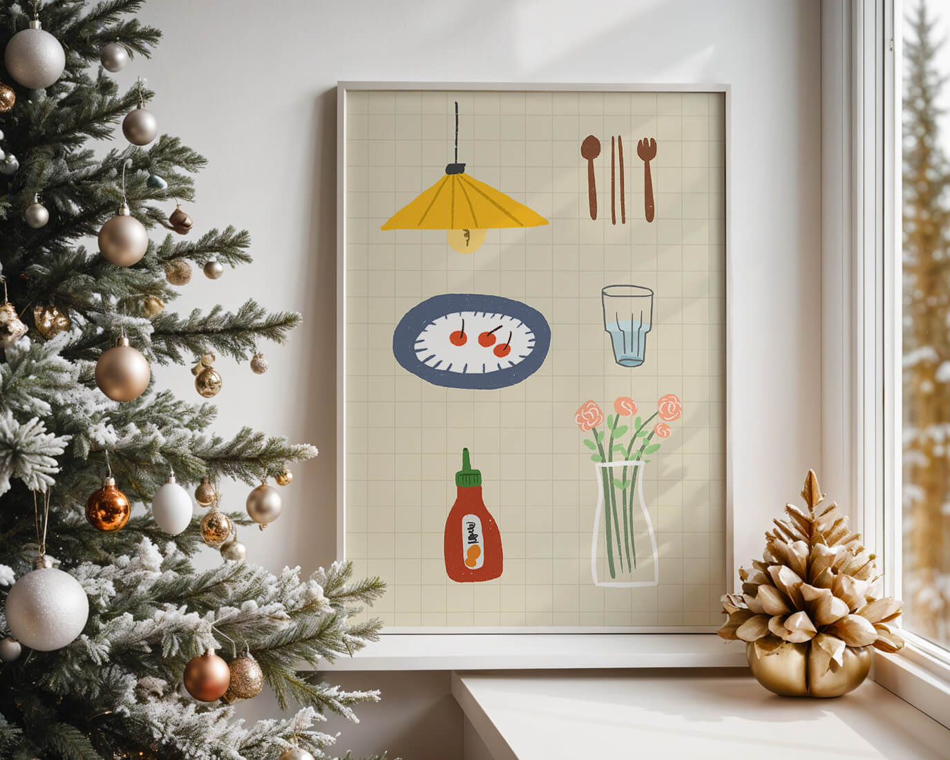 Artículos de cocina ilustrados que incluyen lámpara, utensilios y flores