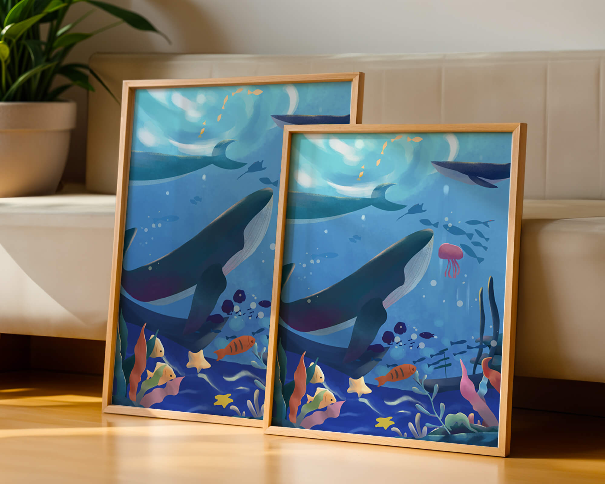 Underwater scene with whales, fish, and coral reef