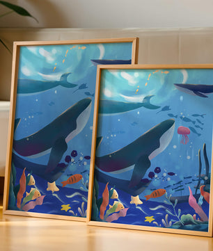 Escena submarina con ballenas, peces y arrecife de coral