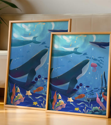 Underwater scene with whales, fish, and coral reef