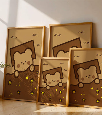 Adorable bear peeking out from a blanket with stars illustration