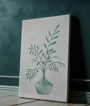 Illustration minimaliste à l’aquarelle de feuilles vertes dans un vase en verre