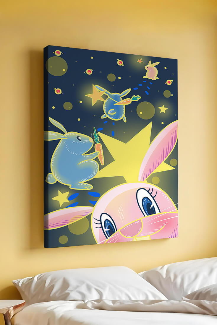 Playful bunnies with carrots and stars in a whimsical space scene