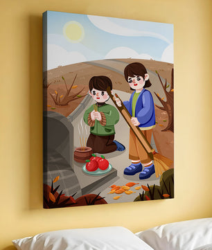 Niños participando en un ritual de otoño con ofrendas e incienso