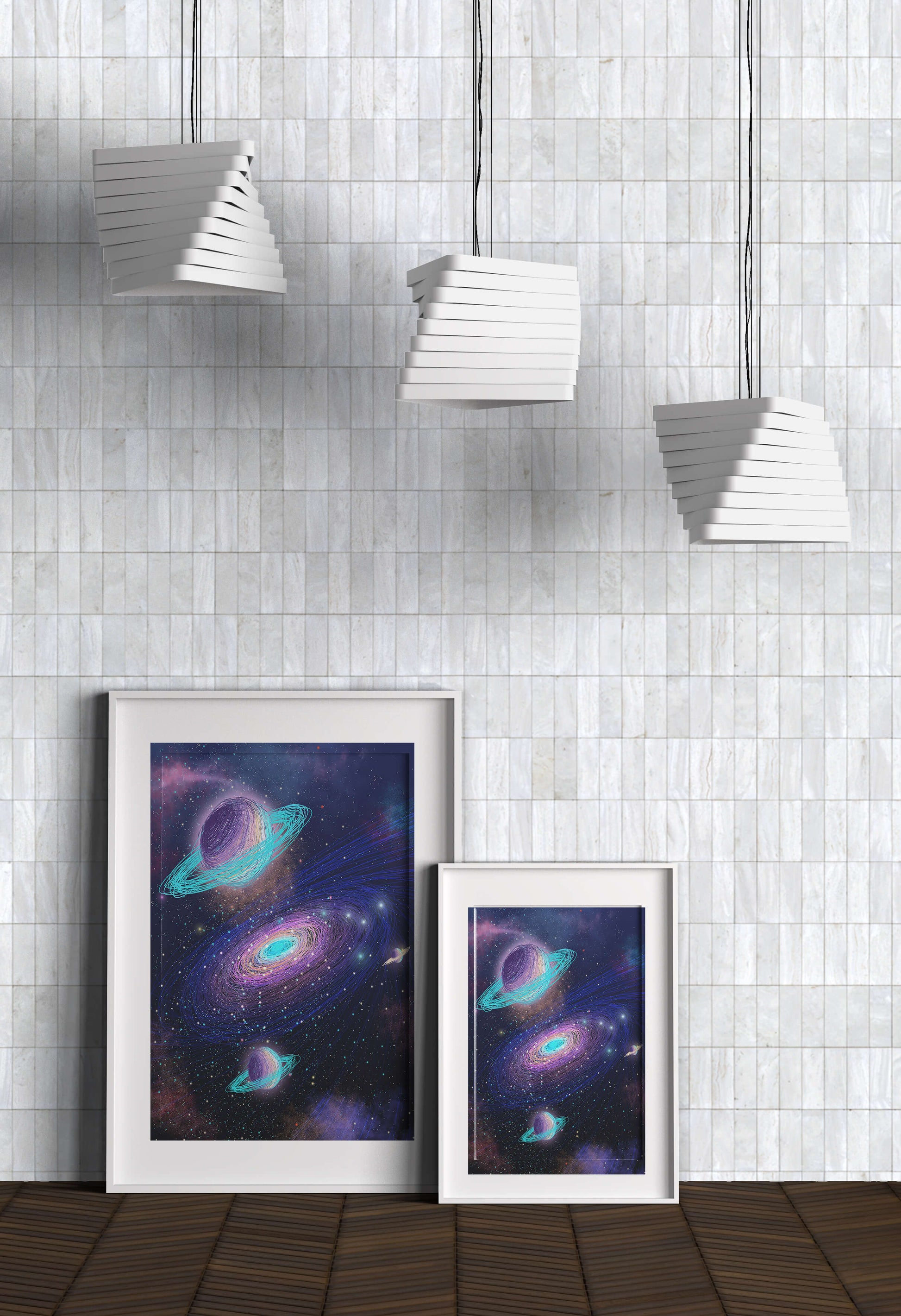 Colorful space illustration with planets and galaxy