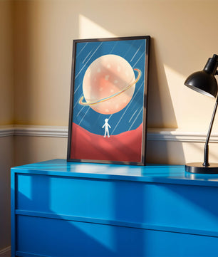 Illustration Of A Large Planet Against A Stardust Background With A Small Figure In The Foreground