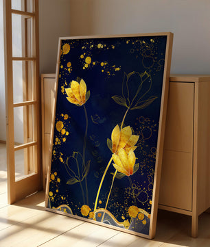 Elegant floral artwork with golden accents on deep blue background