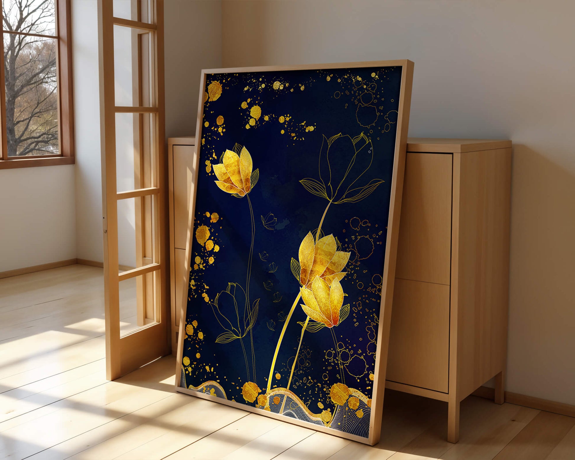Elegant floral artwork with golden accents on deep blue background