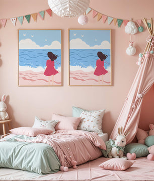 Serene seaside illustration with a girl in a pink dress gazing at the ocean