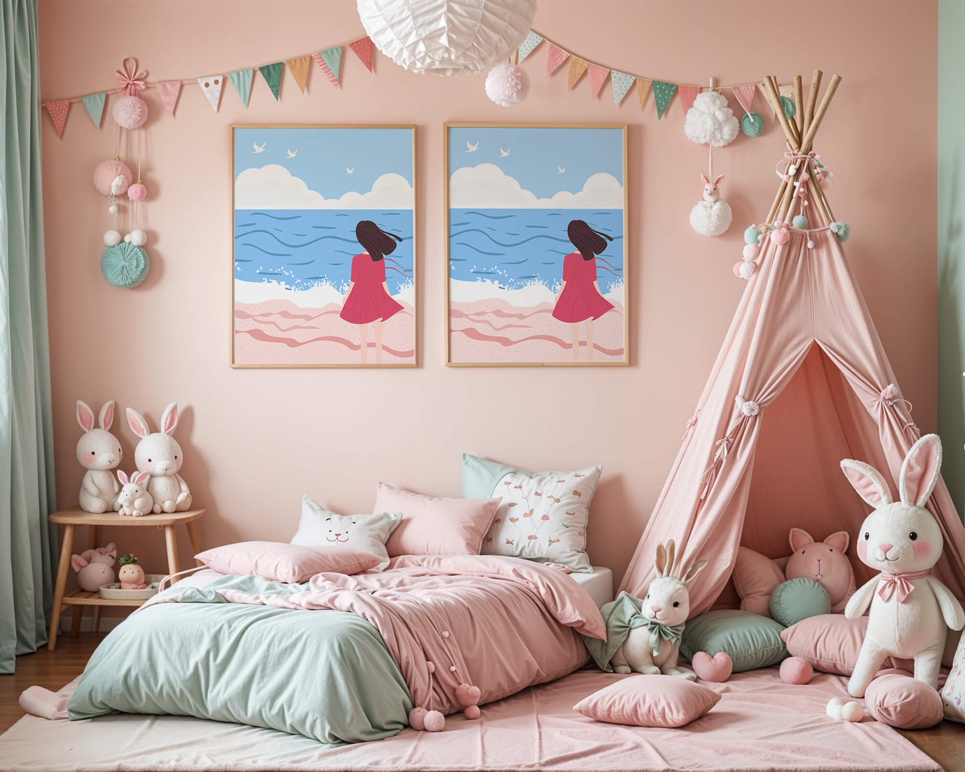 Serene seaside illustration with a girl in a pink dress gazing at the ocean