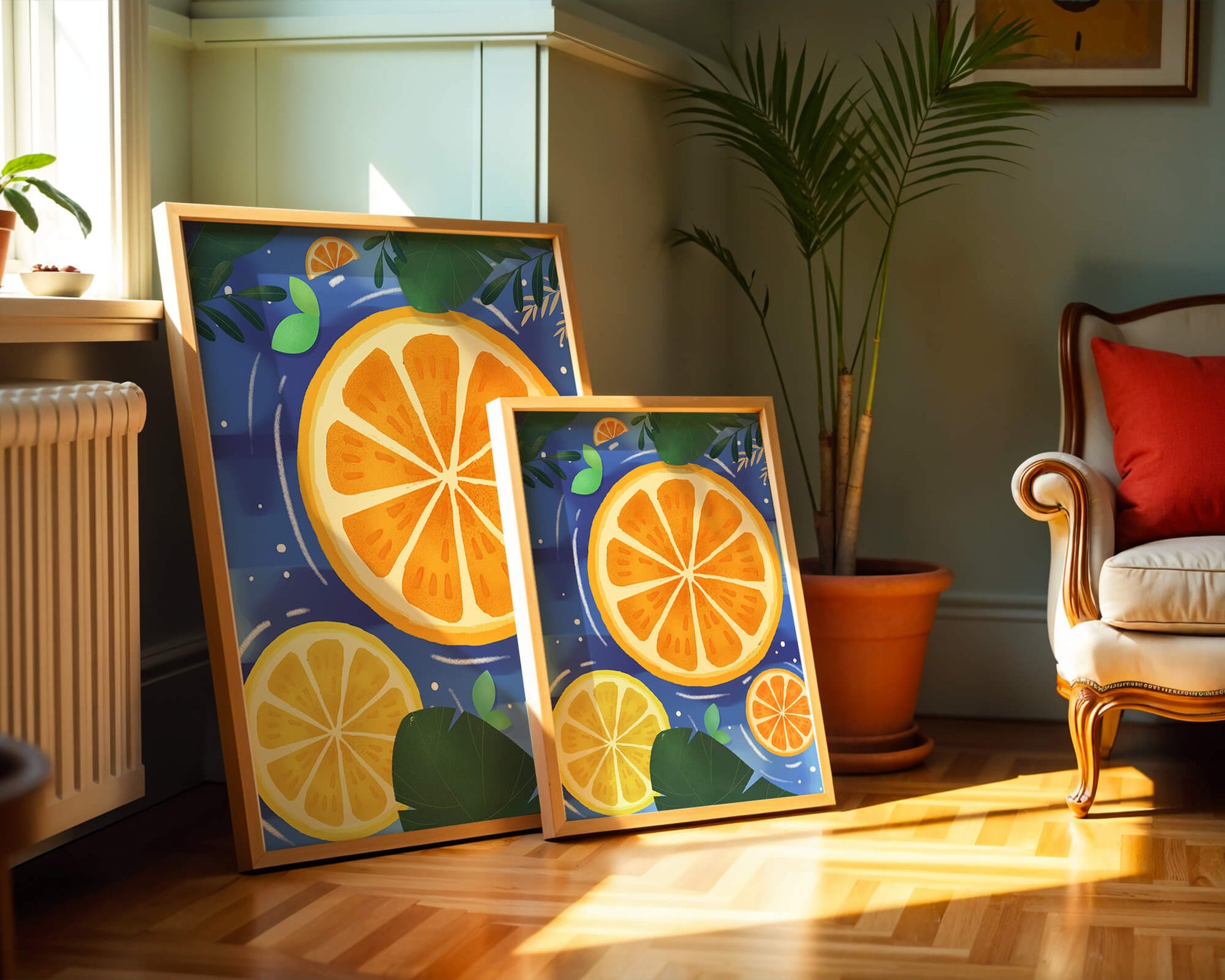 Rodajas de cítricos coloridas sobre fondo azul con hojas tropicales