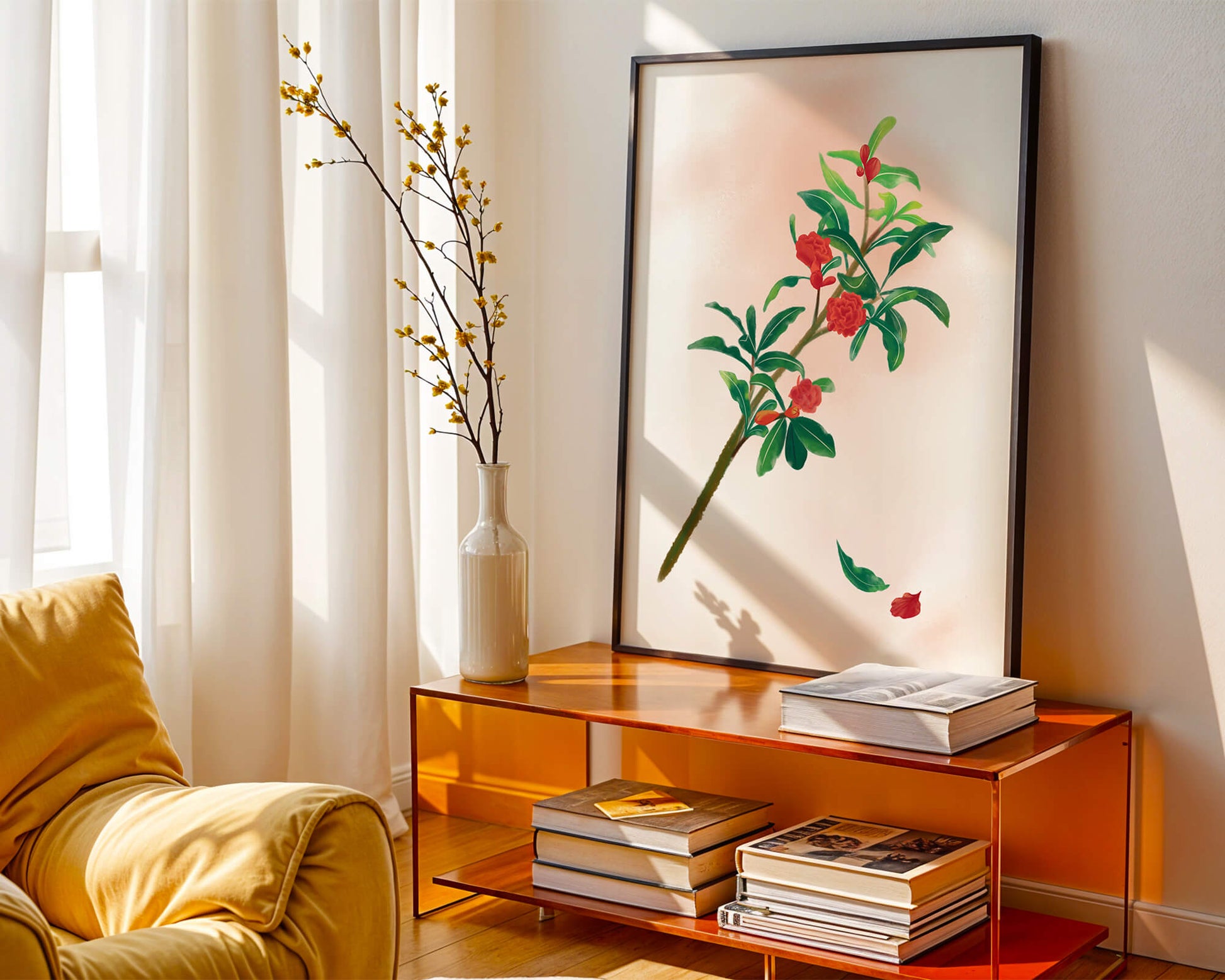 Detailed illustration of a flowering branch with vivid red blooms and lush green leaves