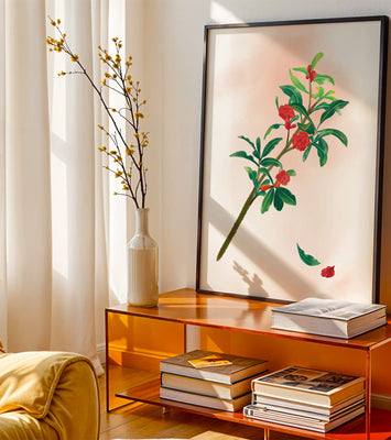 Detailed illustration of a flowering branch with vivid red blooms and lush green leaves