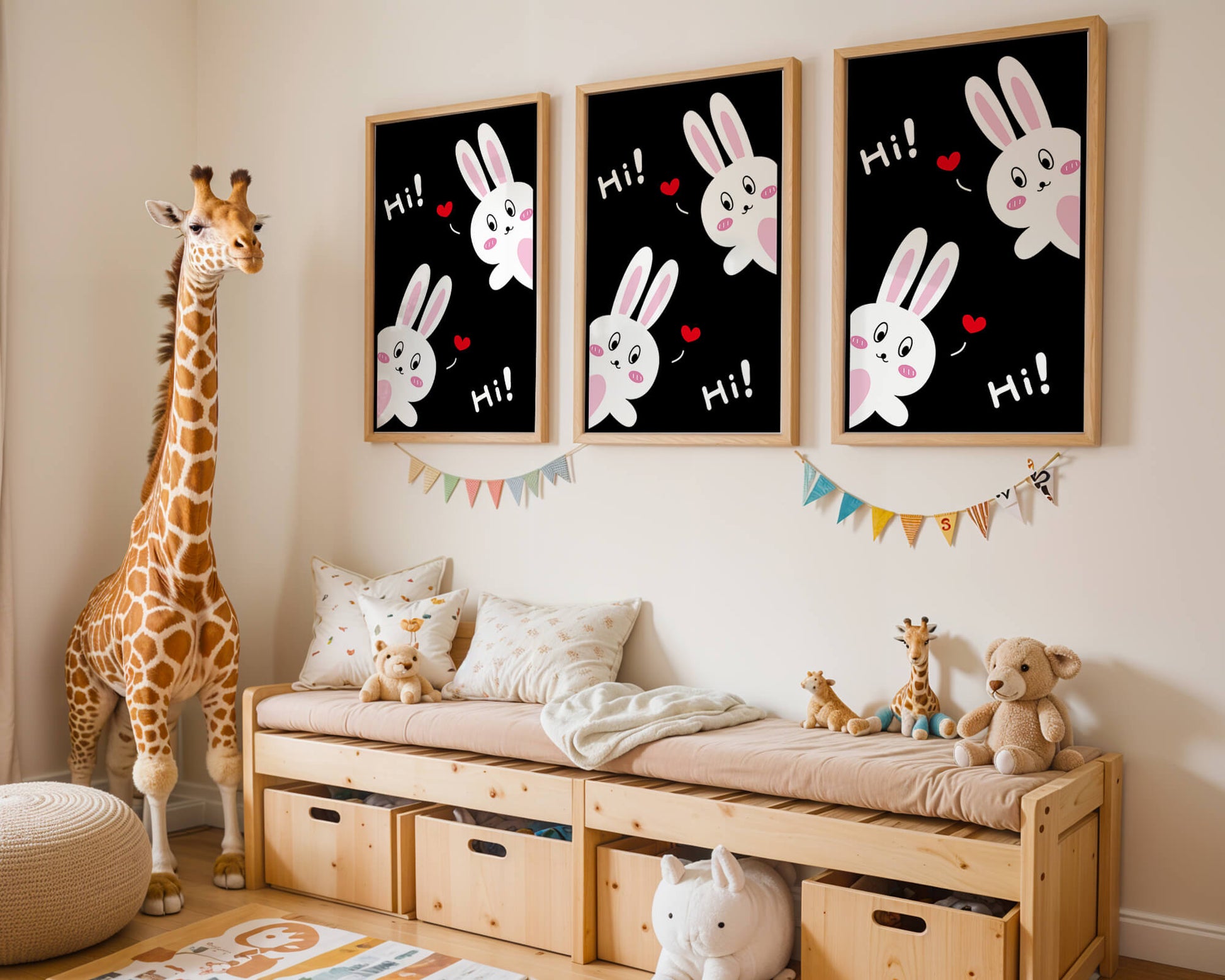 Charming bunny illustration with hearts on black background