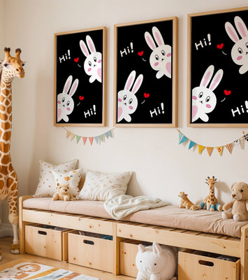 Charming bunny illustration with hearts on black background