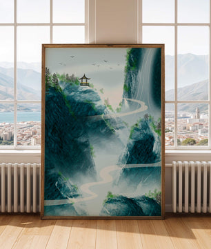 Serene mountain landscape with a pavilion and waterfall