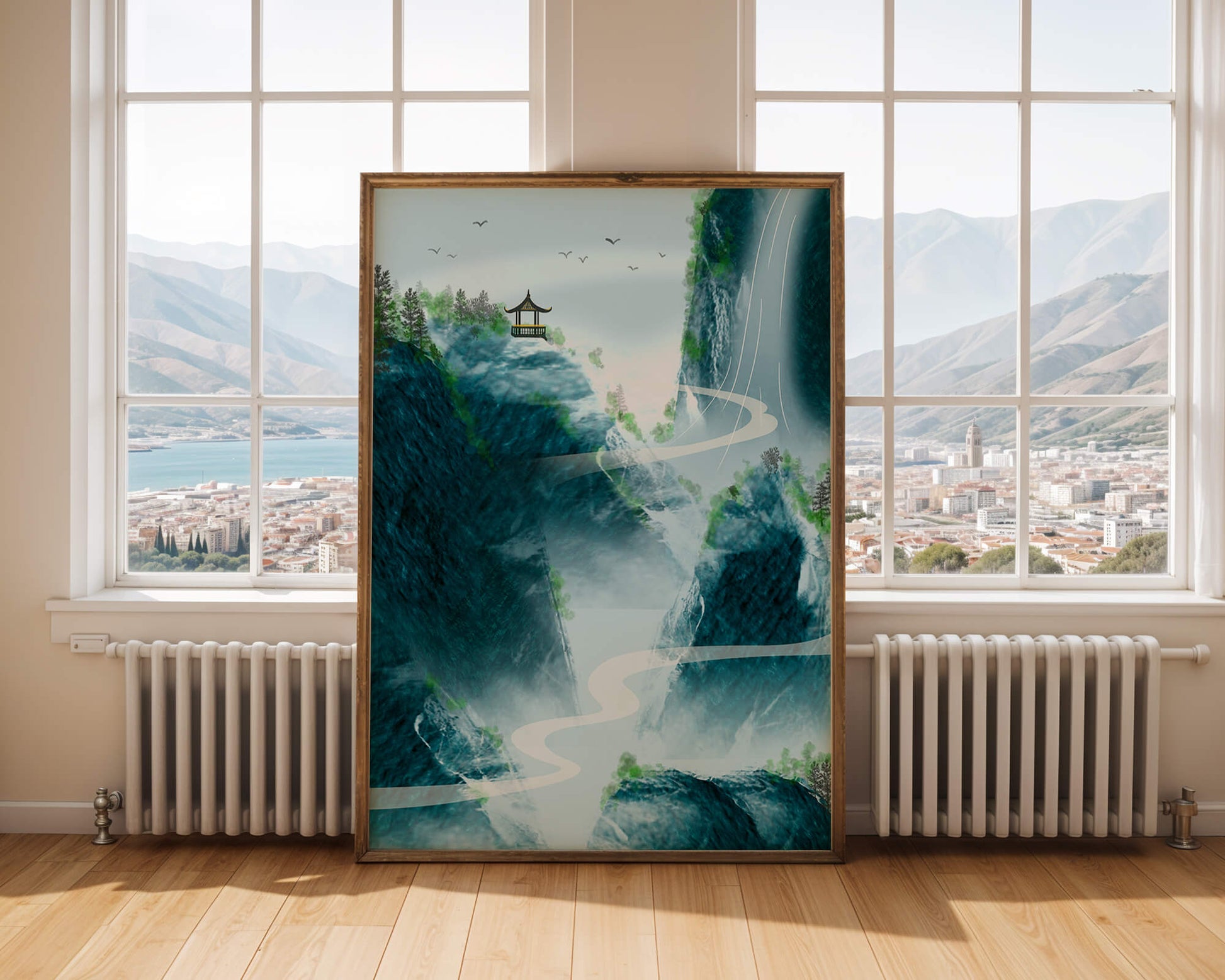 Serene mountain landscape with a pavilion and waterfall