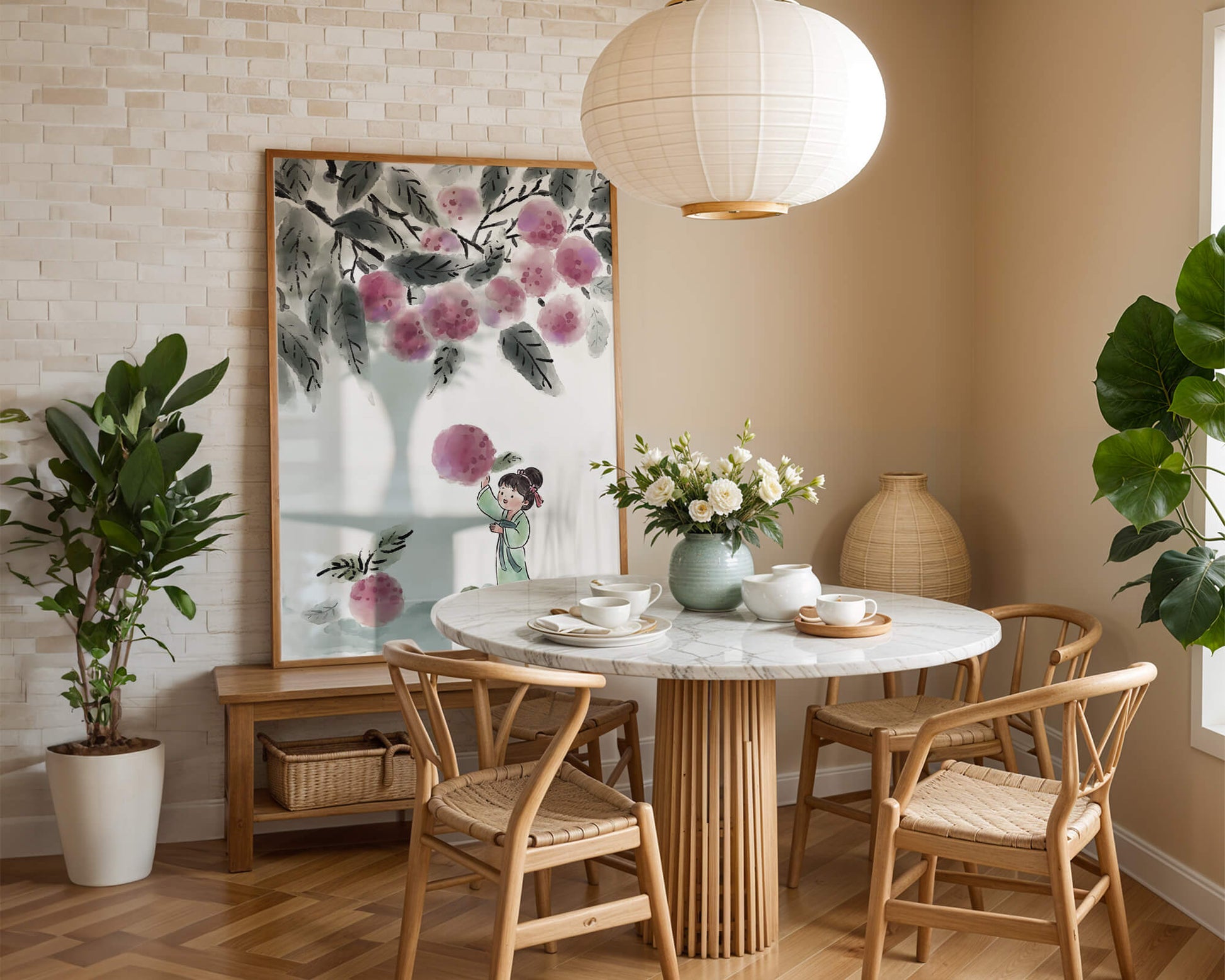 Ilustración encantadora de un niño con ropa tradicional, bayas vibrantes y hojas exuberantes