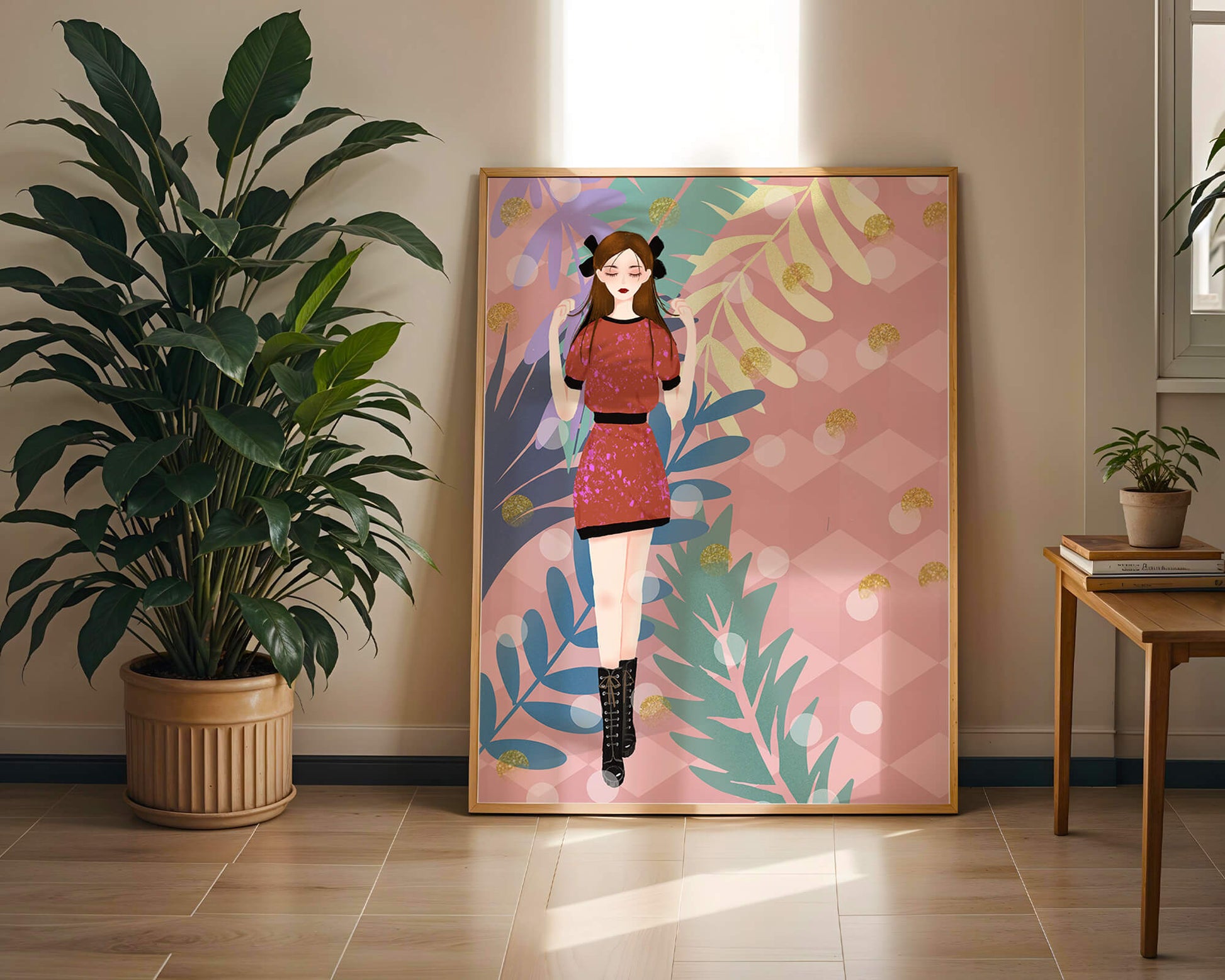 Stylish illustration of a woman with botanical elements and geometric background