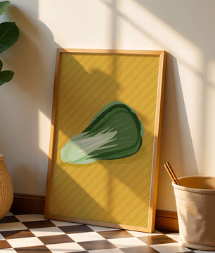Illustrated bok choy on vibrant yellow background with stripes