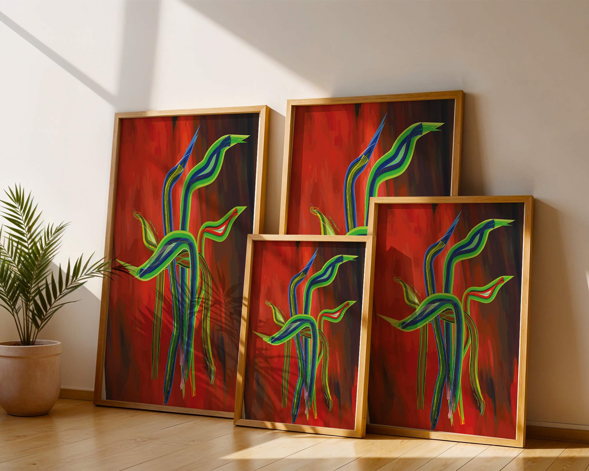 Abstract colorful wave-like shapes with vibrant red background