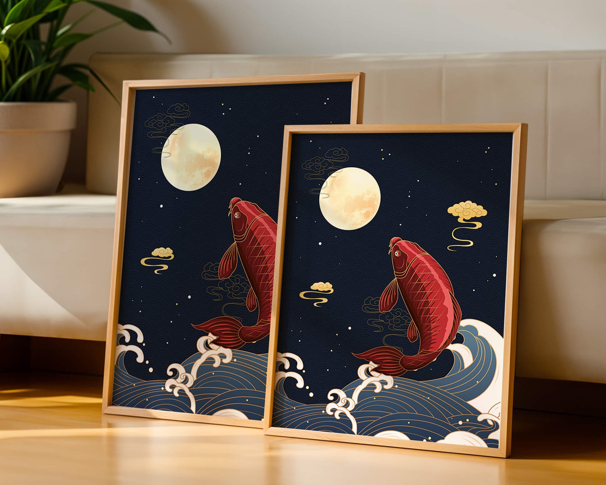 Artistic illustration of koi fish jumping over waves under moonlight