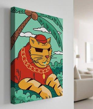 Stylish cartoon tiger lounging under a tropical palm tree with gold accessories