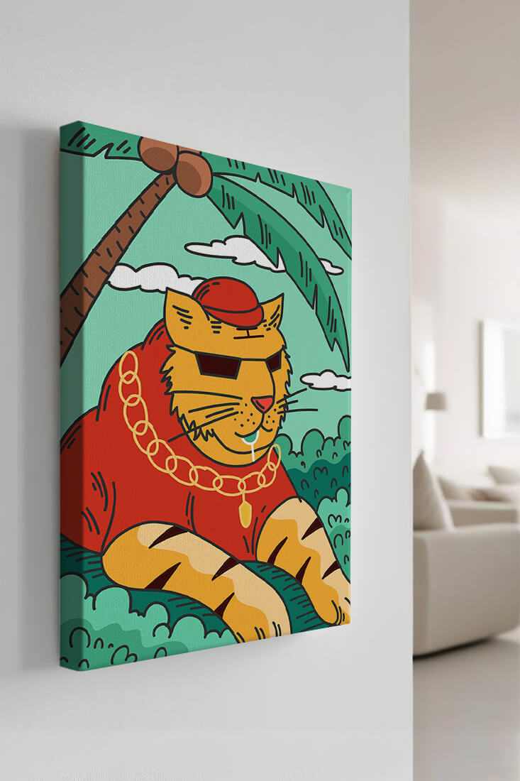 Stylish cartoon tiger lounging under a tropical palm tree with gold accessories
