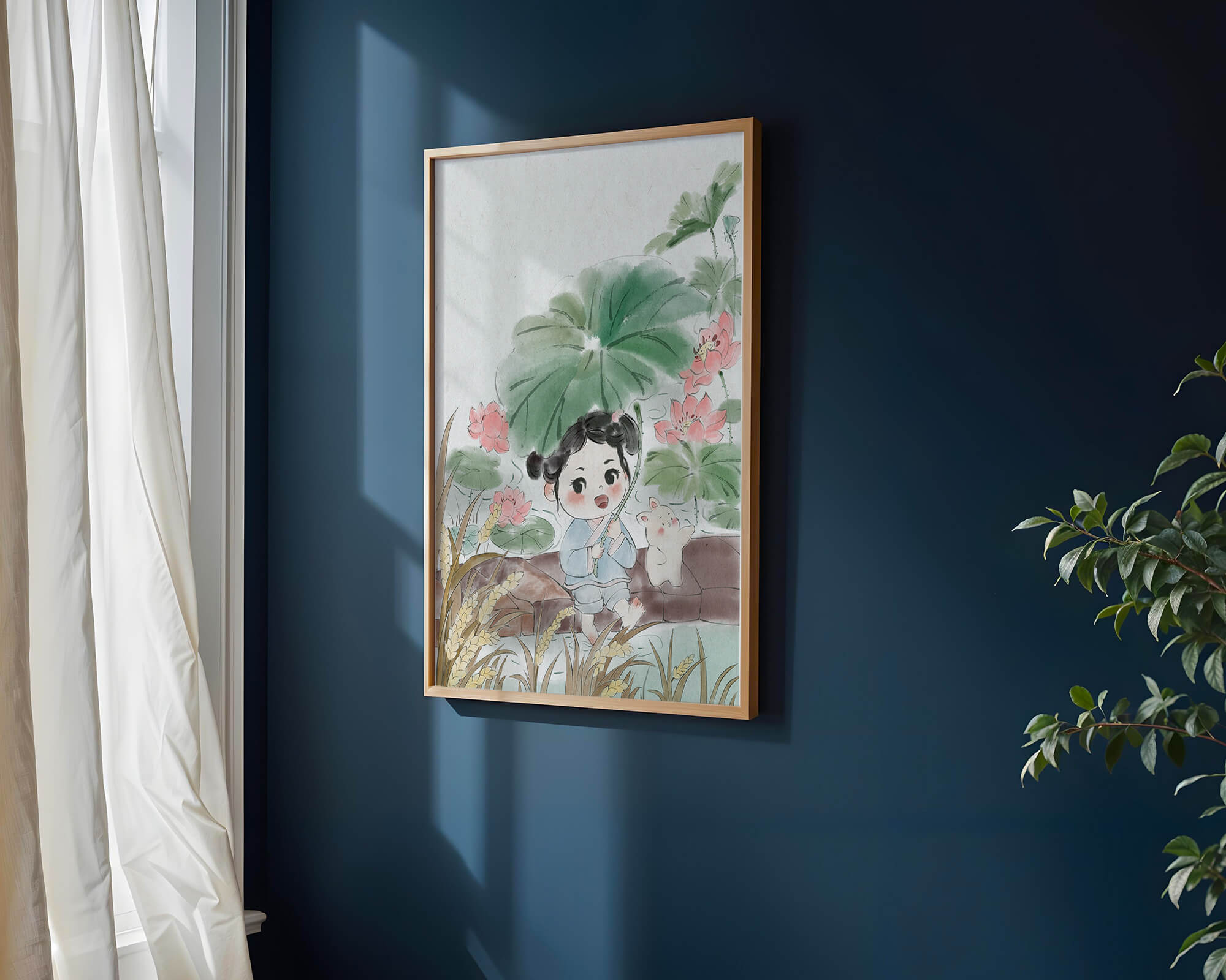 Charming illustration of a child with flowers and a bunny by the water