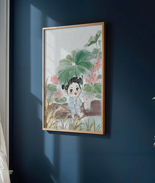 Charming illustration of a child with flowers and a bunny by the water