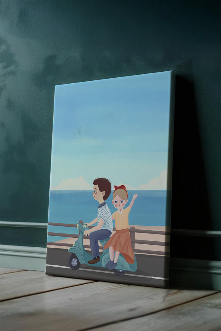 Young couple enjoying a scenic scooter ride by the seaside