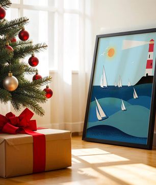 Coastal scene with sailboats and lighthouse on a bright sunny day