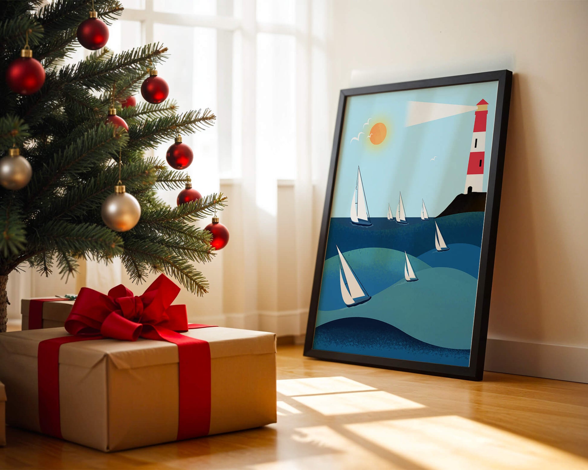 Coastal scene with sailboats and lighthouse on a bright sunny day