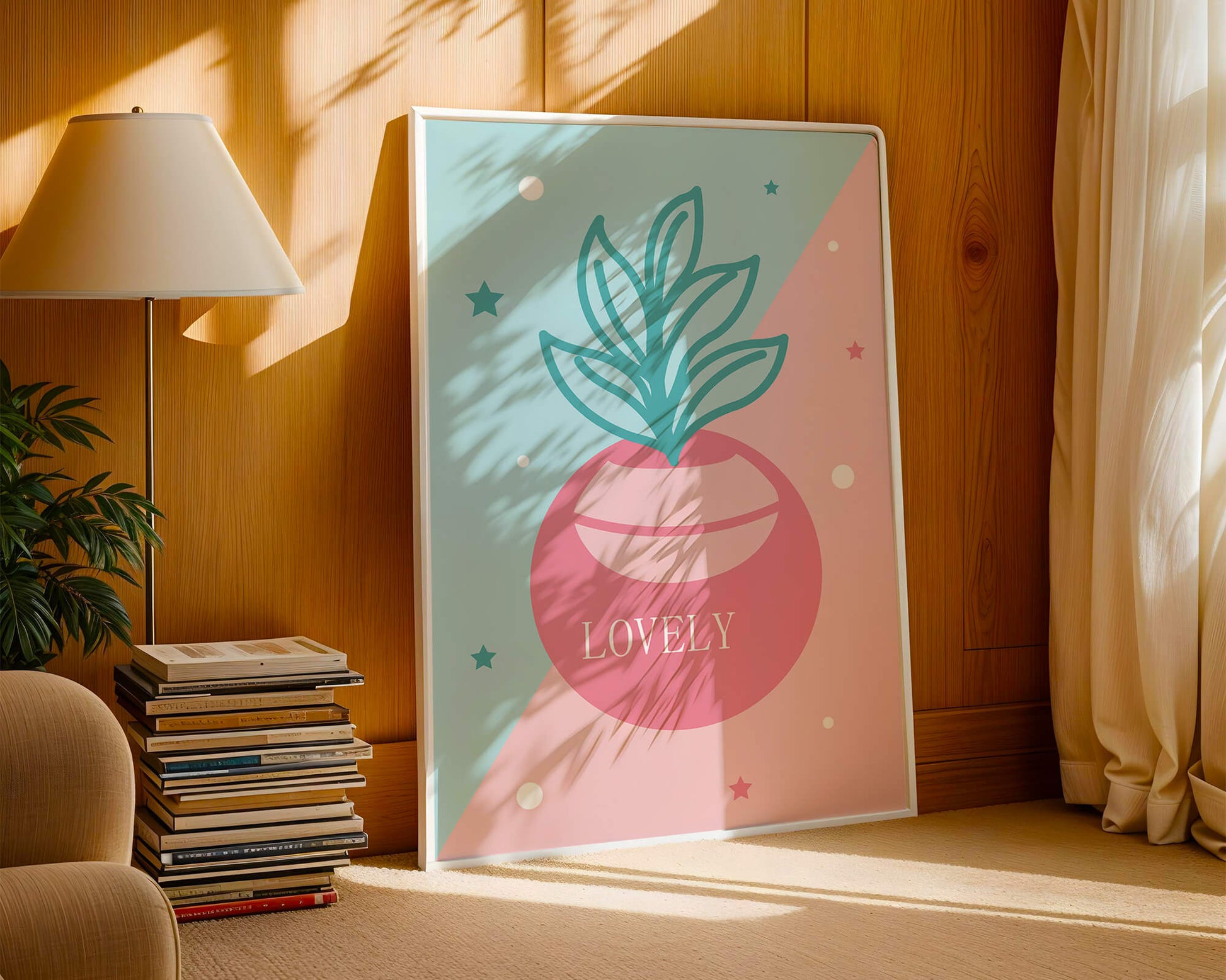 Playful pastel illustration with plant motif and stars