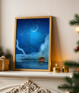 Serene Night Sky with Crescent Moon, Stars, and Pier Over Water