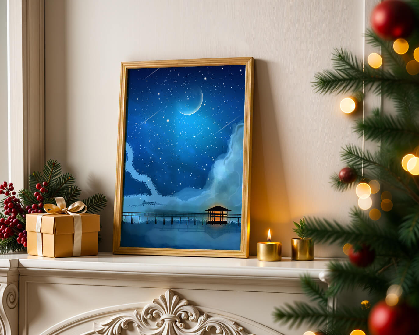 Serene Night Sky with Crescent Moon, Stars, and Pier Over Water