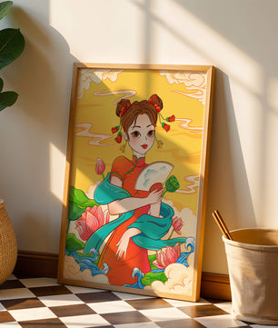 Ilustración oriental que presenta a una chica con atuendo tradicional, un abanico y flores de loto