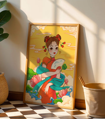 Oriental illustration featuring a girl in traditional attire with a fan and lotus flowers