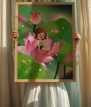 Charming fairy sitting on a blooming pink lotus in a magical garden