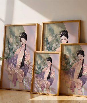 Elegant Asian Woman in Traditional Attire with Floral Background - Mi tienda