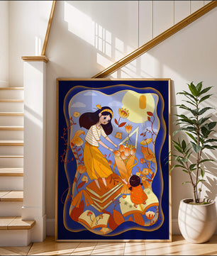 Whimsical illustration with woman and child among books and flowers