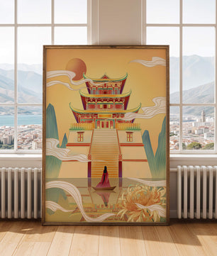 Ancient temple with serene landscape and vibrant colors artwork