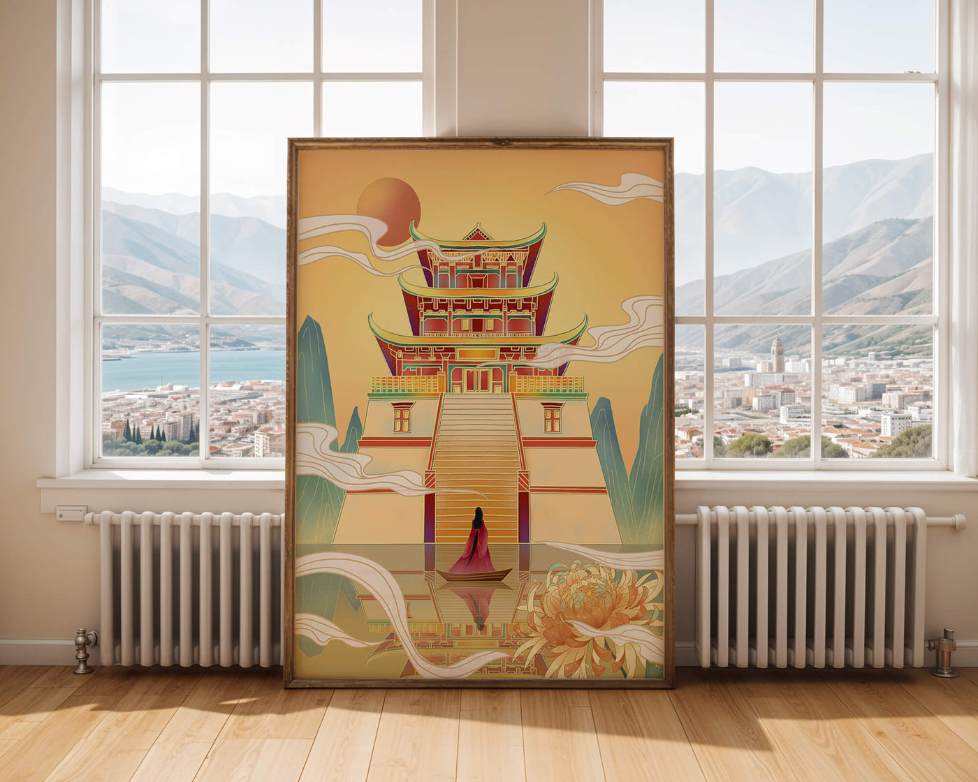 Ancient temple with serene landscape and vibrant colors artwork