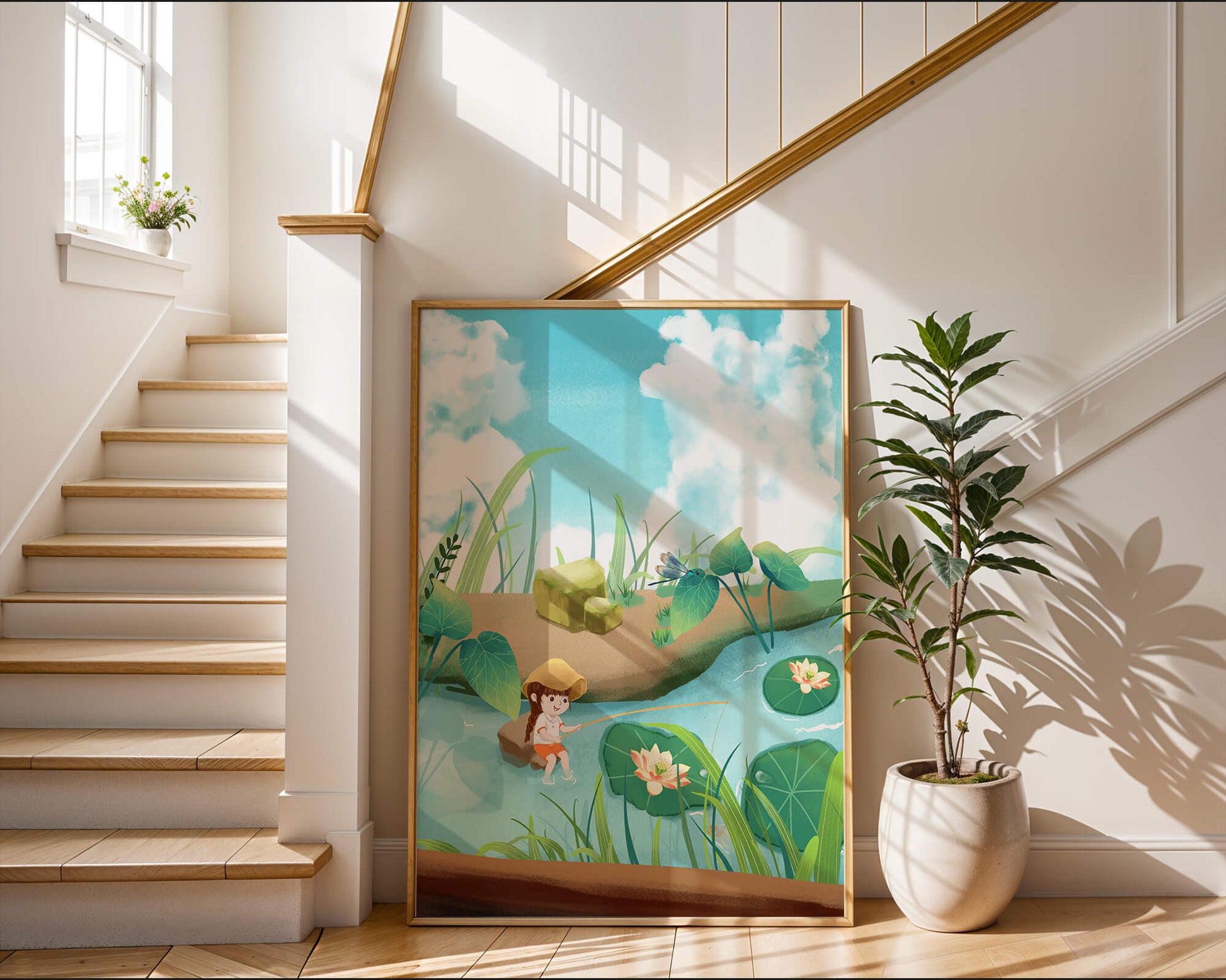 Ruhige Illustration eines Kindes, das an einem Teich mit Seerosen angelt