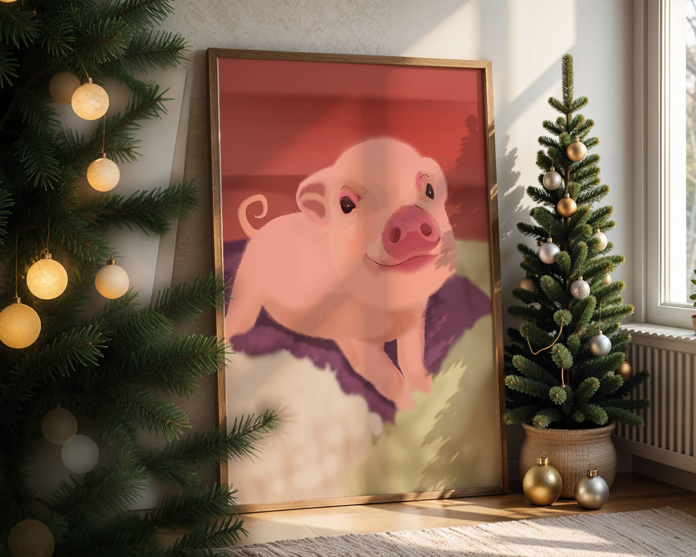 Una encantadora ilustración de un lindo cerdito con un fondo cálido.